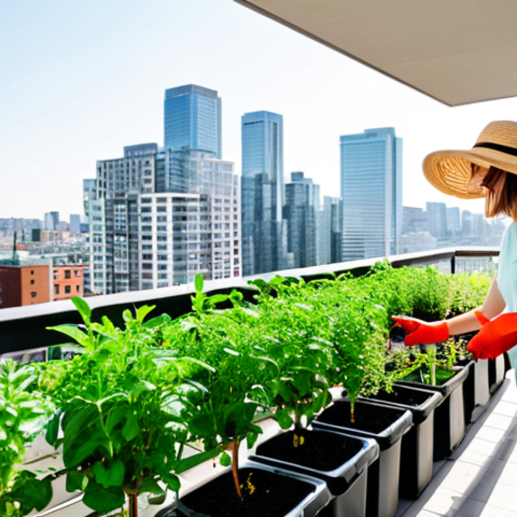 Urban Balcony Garden**
"A vibrant, flourishing balcony garden in a modern city apartment, featuring vertical gardening with herbs (basil, mint, rosemary) and tomato plants. The garden is thriving with a self-watering system made from repurposed materials. A fully clothed, smiling person is tending to the garden, wearing gardening gloves and a sunhat. The city skyline is visible in the background. Bright daylight, perfect anatomy, correct proportions, natural pose, professional photography, high quality, safe for work, appropriate content, fully clothed, family-friendly."
**