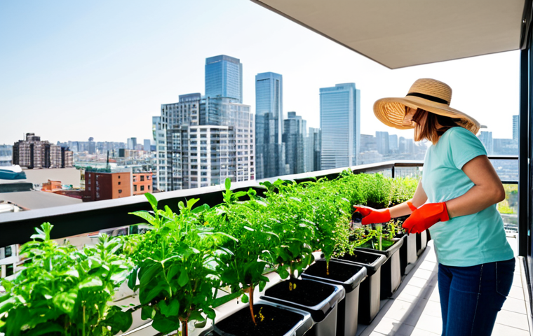 Urban Balcony Garden**
"A vibrant, flourishing balcony garden in a modern city apartment, featuring vertical gardening with herbs (basil, mint, rosemary) and tomato plants. The garden is thriving with a self-watering system made from repurposed materials. A fully clothed, smiling person is tending to the garden, wearing gardening gloves and a sunhat. The city skyline is visible in the background. Bright daylight, perfect anatomy, correct proportions, natural pose, professional photography, high quality, safe for work, appropriate content, fully clothed, family-friendly."
**