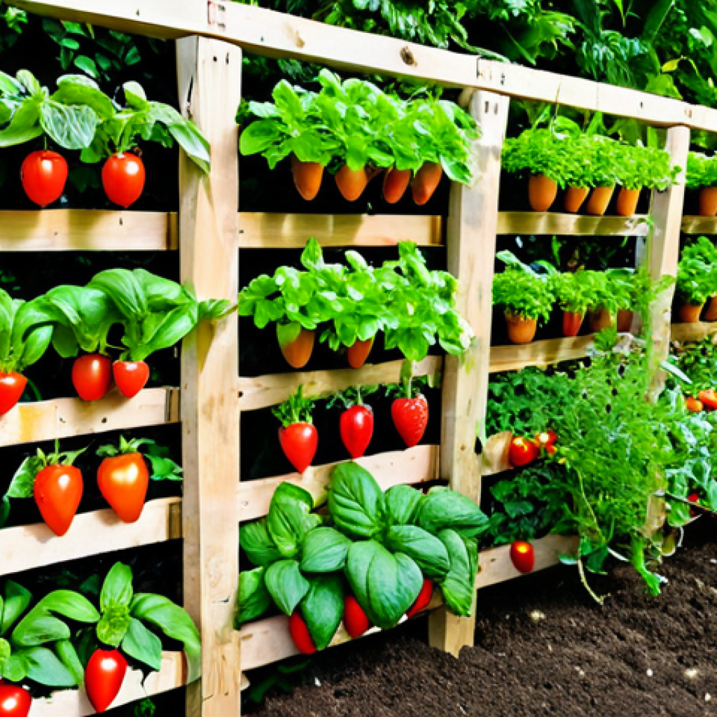 Companion Planting & Vertical Garden Harmony**
A vibrant, thriving vegetable garden showcasing companion planting. Tomato plants intertwined with basil, marigolds bordering rows of leafy greens. In the background, a DIY vertical garden made from repurposed wood pallets, overflowing with strawberries and herbs. Sunlight filters through the scene, highlighting the healthy growth. Safe for work, appropriate content, fully clothed. Perfect anatomy, correct proportions, natural pose. Professional garden photography, high quality, family-friendly.
**