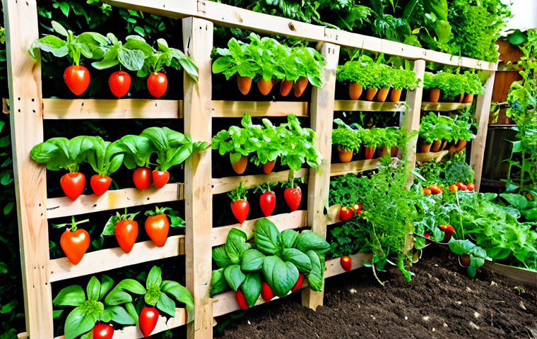 Companion Planting & Vertical Garden Harmony**
A vibrant, thriving vegetable garden showcasing companion planting. Tomato plants intertwined with basil, marigolds bordering rows of leafy greens. In the background, a DIY vertical garden made from repurposed wood pallets, overflowing with strawberries and herbs. Sunlight filters through the scene, highlighting the healthy growth. Safe for work, appropriate content, fully clothed. Perfect anatomy, correct proportions, natural pose. Professional garden photography, high quality, family-friendly.
**