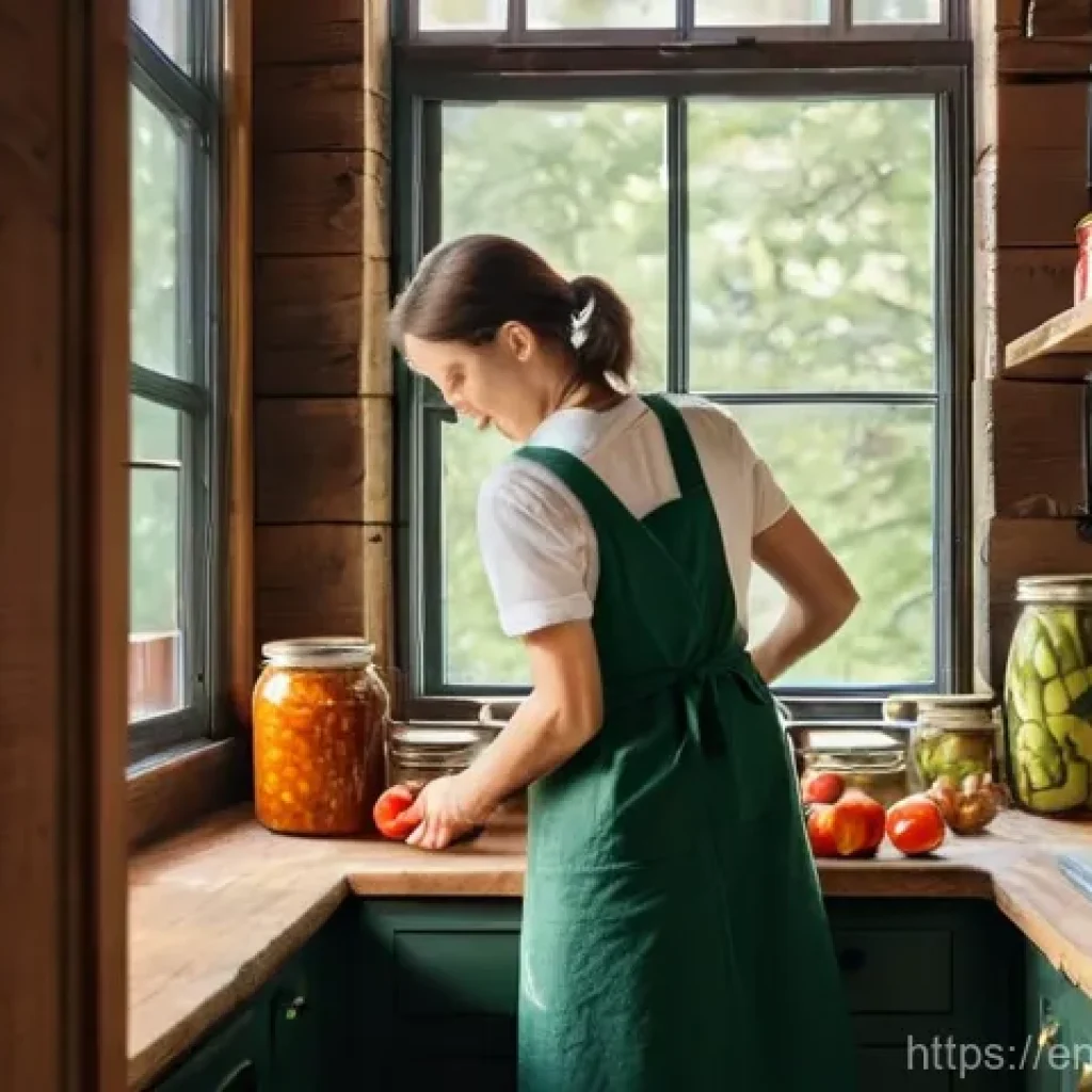 자급자족 농장에서의 수확 관리 - **Prompt:** A cozy, rustic kitchen scene where an adult, modestly dressed in a comfortable long-slee...
