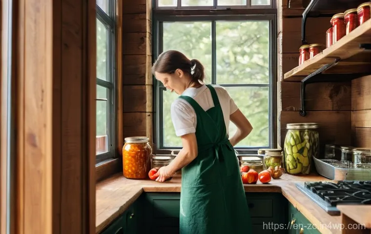 자급자족 농장에서의 수확 관리 - **Prompt:** A cozy, rustic kitchen scene where an adult, modestly dressed in a comfortable long-slee...