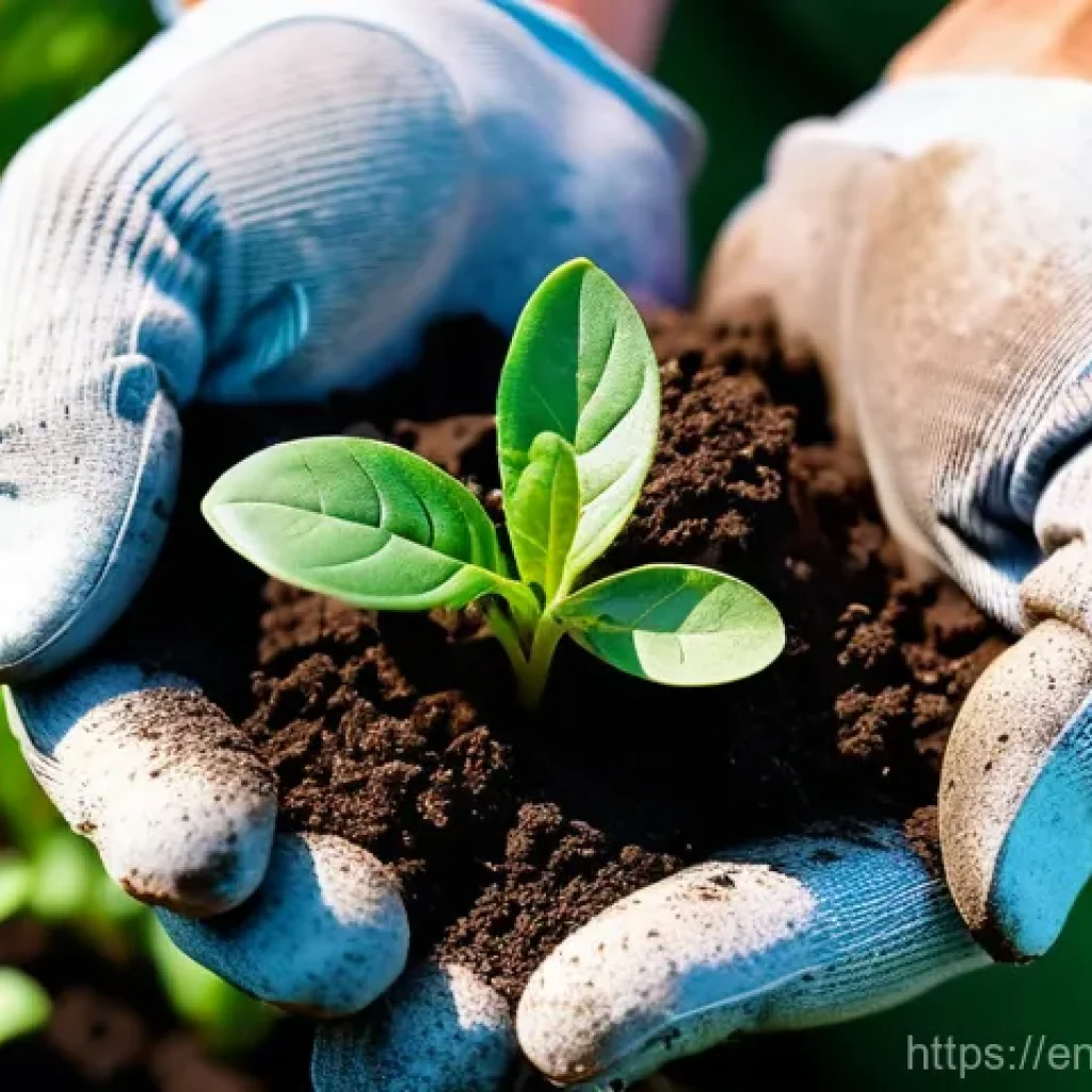 자급자족을 위한 토양 관리 기술 - **Prompt:** "A close-up shot of an adult gardener's hands, wearing practical gardening gloves, gentl...
