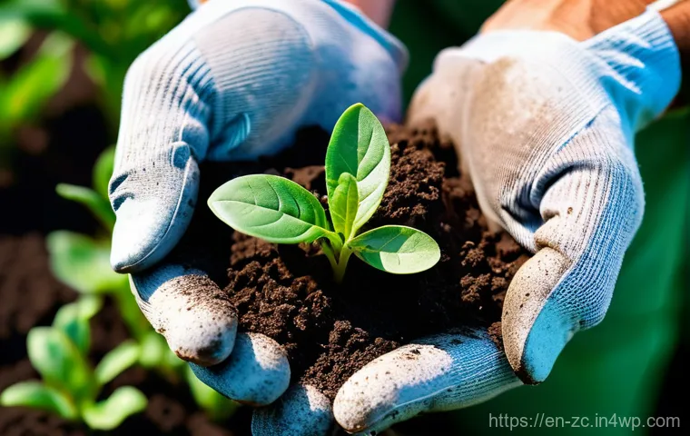자급자족을 위한 토양 관리 기술 - **Prompt:** "A close-up shot of an adult gardener's hands, wearing practical gardening gloves, gentl...