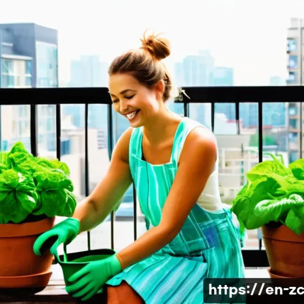 자급자족 농업 가이드 - **Urban Balcony Container Garden**
A cheerful young woman in her late 20s, dressed in a comforta...