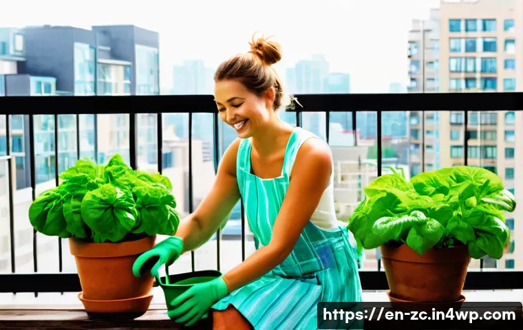 자급자족 농업 가이드 - **Urban Balcony Container Garden**
A cheerful young woman in her late 20s, dressed in a comforta...