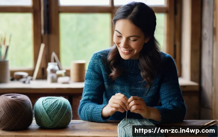 자급자족을 위한 대안적 소비 패턴 - **A joyful woman in her late 20s or early 30s, with a radiant smile, meticulously mending a beautifu...