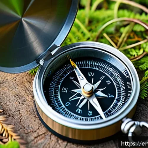 Home 31 자급자족을 위한 기본 필수 도구 - A detailed close-up of a traditional compass resting on a topographic map outdoors, with natural for...