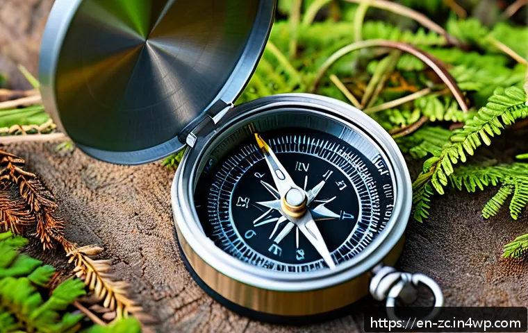 자급자족을 위한 기본 필수 도구 - A detailed close-up of a traditional compass resting on a topographic map outdoors, with natural for...