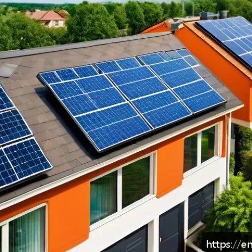 Home 29 자급자족을 위한 기후 적응 전략 - A modern suburban rooftop featuring sleek solar panels under a bright blue sky, with a homeowner con...