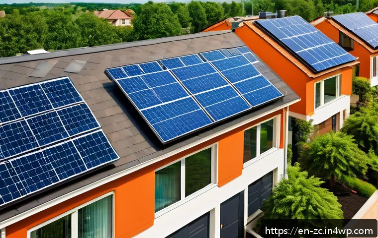 자급자족을 위한 기후 적응 전략 - A modern suburban rooftop featuring sleek solar panels under a bright blue sky, with a homeowner con...