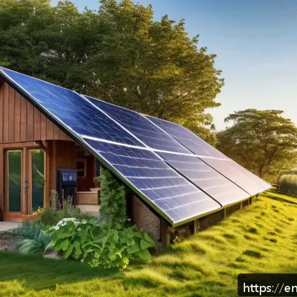 효율적인 자급자족 시스템 구축 방법 - A detailed off-grid homestead scene at sunrise featuring a solar panel array and a small wind turbin...