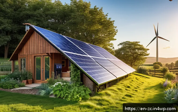 효율적인 자급자족 시스템 구축 방법 - A detailed off-grid homestead scene at sunrise featuring a solar panel array and a small wind turbin...