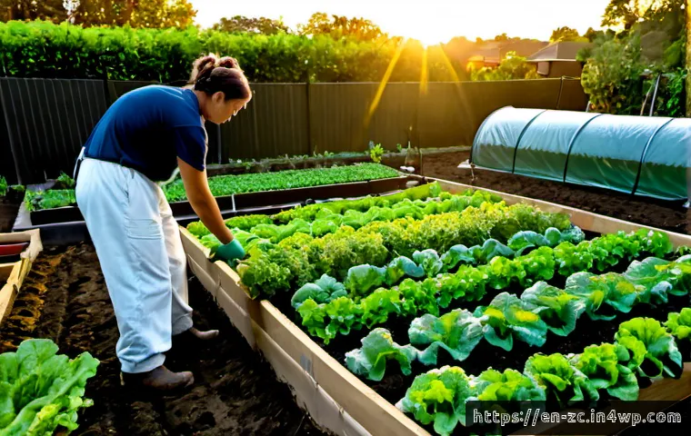 Home 17 자급자족을 위한 식물 보호 기술 - Photorealistic backyard self-sufficiency garden at sunrise, raised vegetable beds protected with fin...