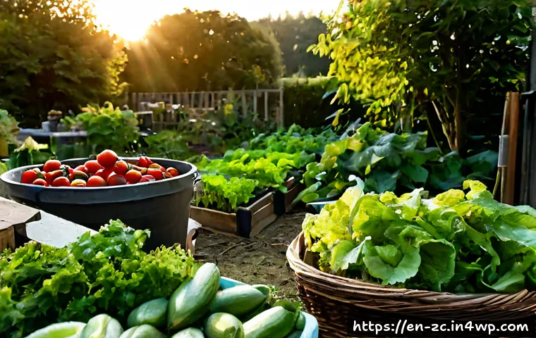 자급자족을 위한 원예 기술 - Photorealistic backyard self-sufficiency vegetable garden in early morning, raised wooden beds overf...