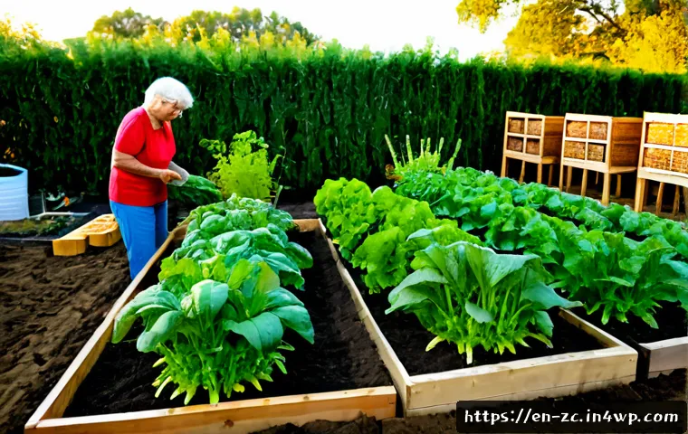 자급자족을 위한 채소 재배 팁 - Photorealistic backyard vegetable garden designed for household self-sufficiency, neat raised wooden...